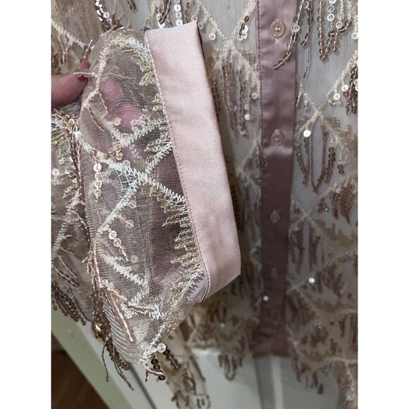 Ashley Stewart Sequin Fringe Blouse Womens Plus 18/20 Button Front Sheer Tan New - Picture 5 of 8